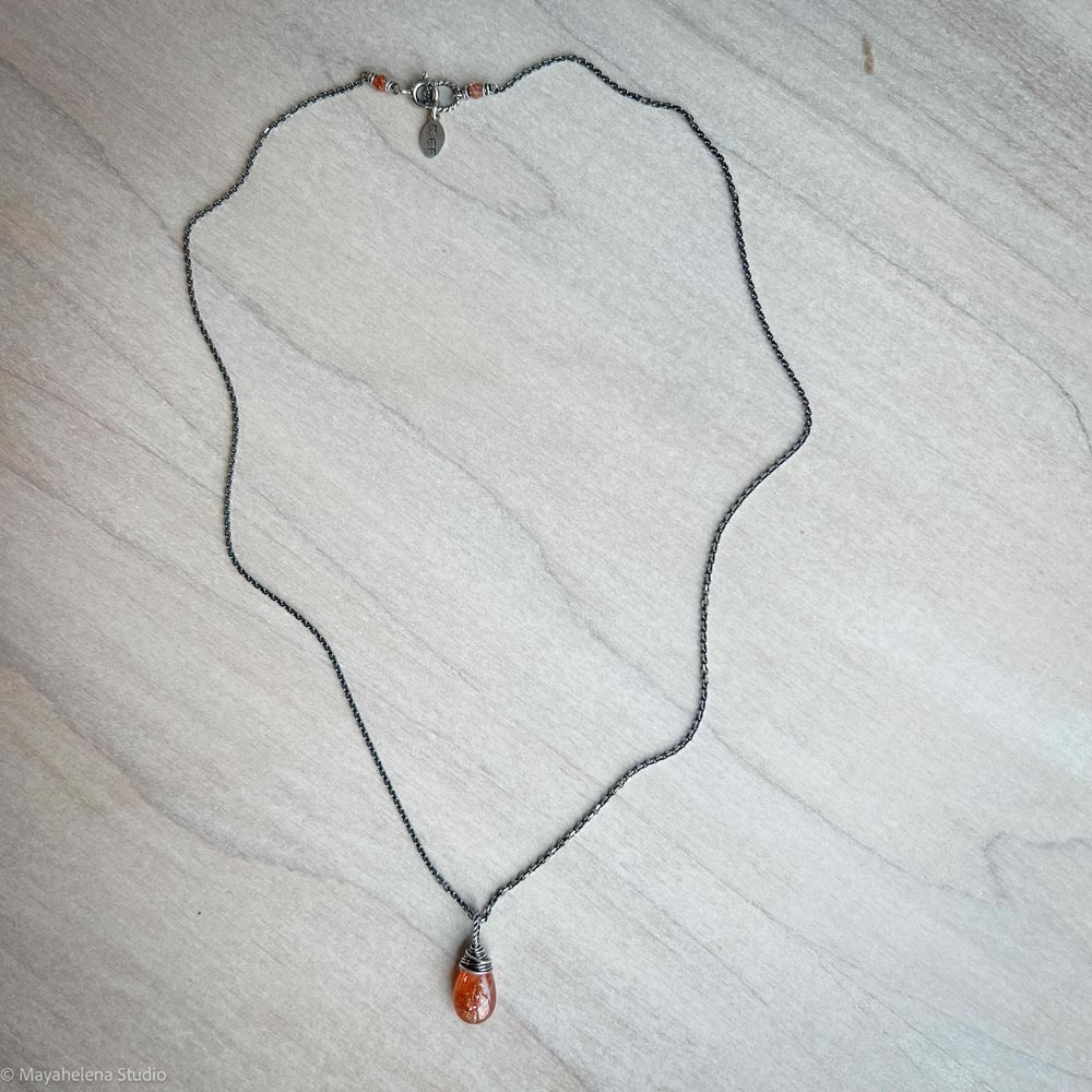 Sunstone Simple Solitaire Smooth Wire Wrapped Sterling Silver Necklace