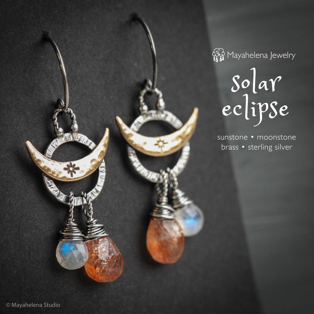 Solar Eclipse - Sunstone Moonstone Accent Brass Moon Oxidized Sterling Silver Earrings