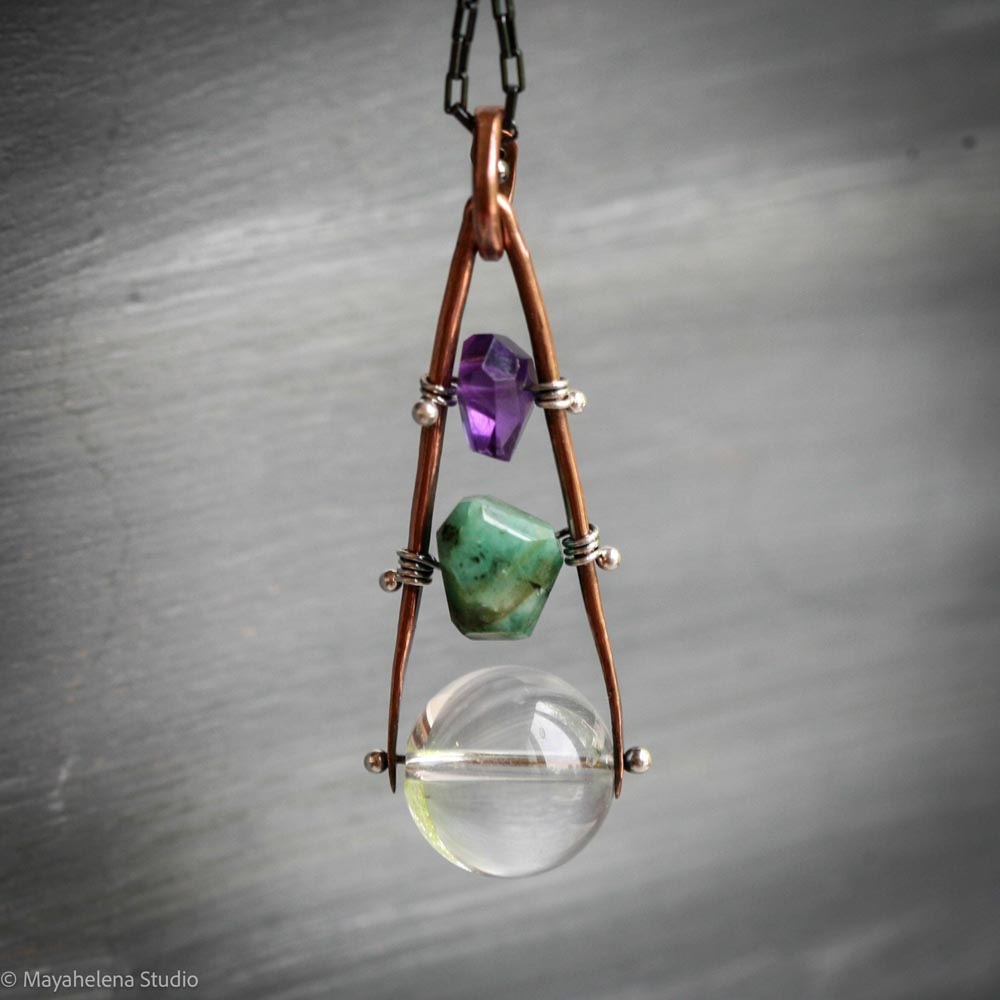 Orbuculum  - Rock Crystal Emerald Amethyst Copper Sterling Silver Necklace