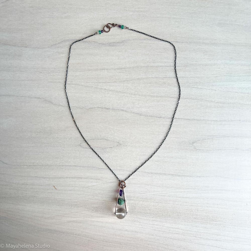 Orbuculum  - Rock Crystal Emerald Amethyst Copper Sterling Silver Necklace