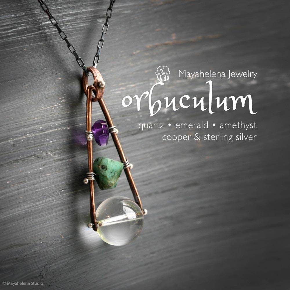 Orbuculum  - Rock Crystal Emerald Amethyst Copper Sterling Silver Necklace