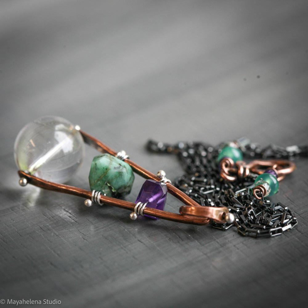 Orbuculum  - Rock Crystal Emerald Amethyst Copper Sterling Silver Necklace