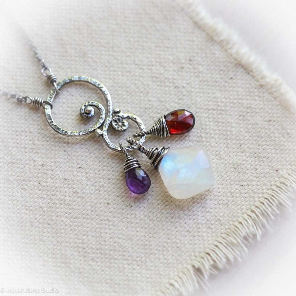 Blood Moon Talisman - Moonstone Amethyst Garnet Sterling Silver Charm Necklace Pendant