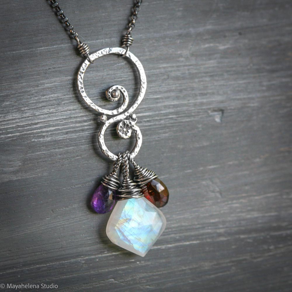 Blood Moon Talisman - Moonstone Amethyst Garnet Sterling Silver Charm Necklace Pendant