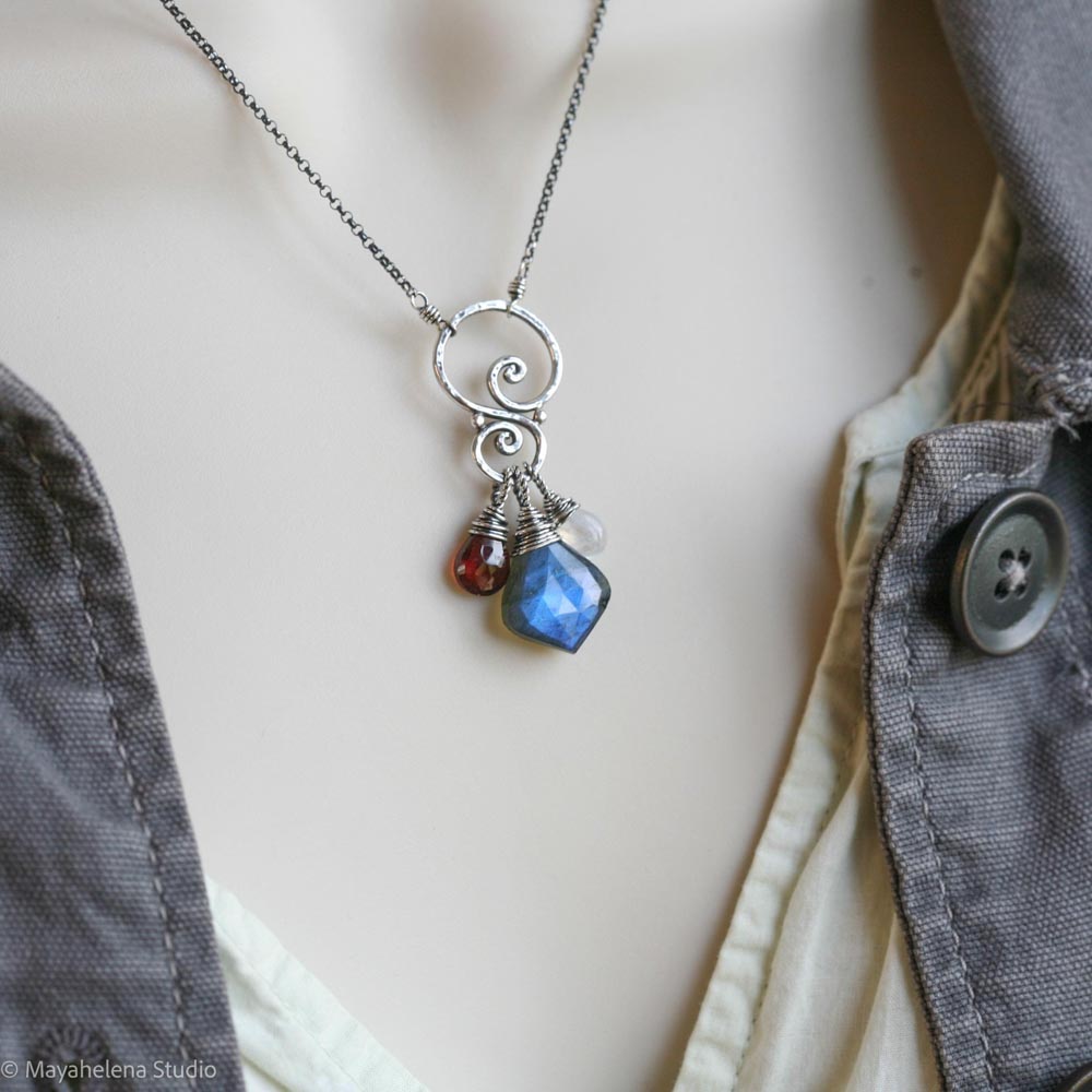 Blood Moon Talisman - Labradorite Garnet Moonstone Sterling Silver Charm Necklace Pendant