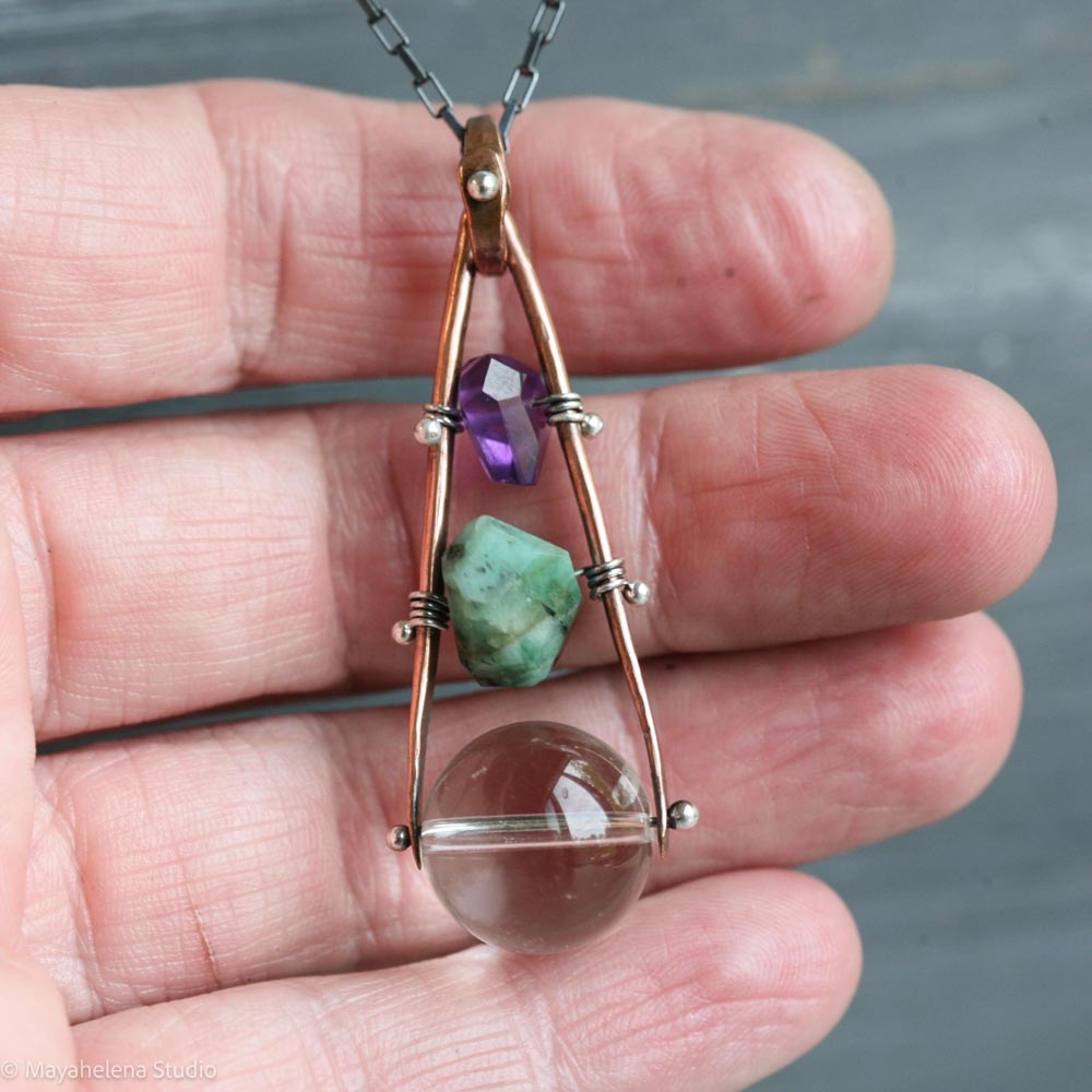 Orbuculum  - Rock Crystal Emerald Amethyst Copper Sterling Silver Necklace