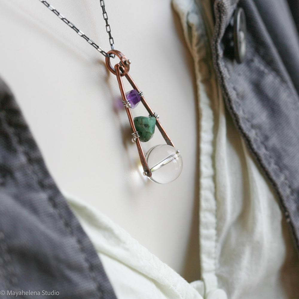 Orbuculum  - Rock Crystal Emerald Amethyst Copper Sterling Silver Necklace