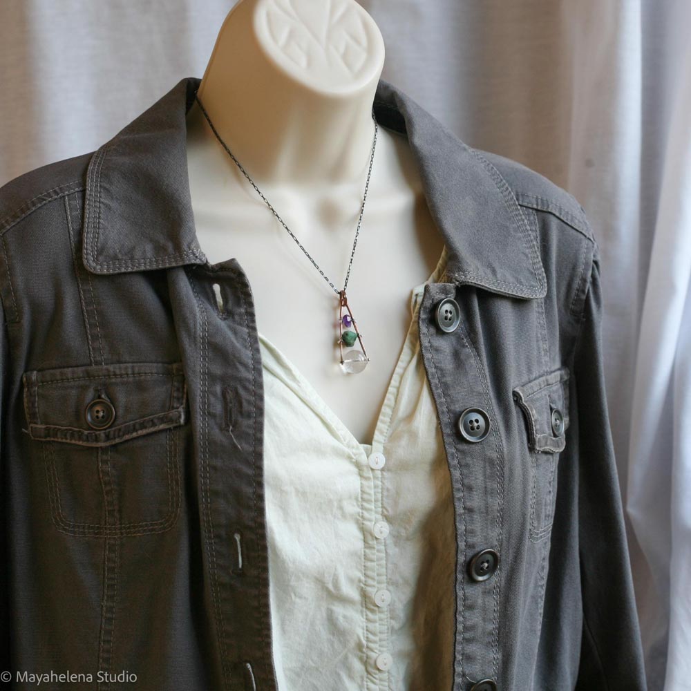 Orbuculum  - Rock Crystal Emerald Amethyst Copper Sterling Silver Necklace