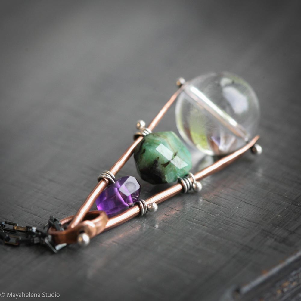 Orbuculum  - Rock Crystal Emerald Amethyst Copper Sterling Silver Necklace