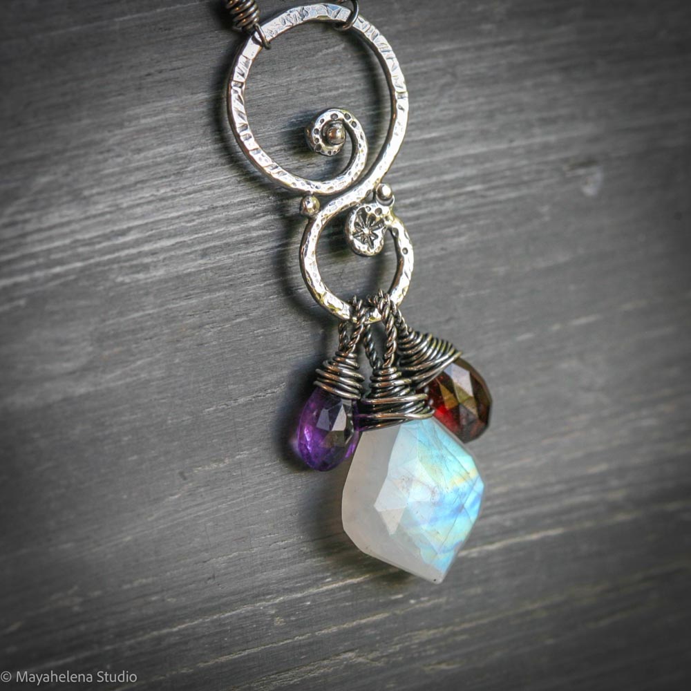 Blood Moon Talisman - Moonstone Amethyst Garnet Sterling Silver Charm Necklace Pendant