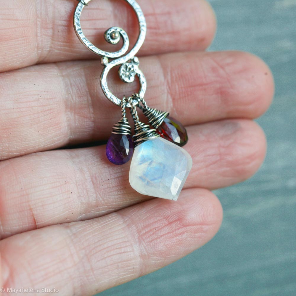 Blood Moon Talisman - Moonstone Amethyst Garnet Sterling Silver Charm Necklace Pendant
