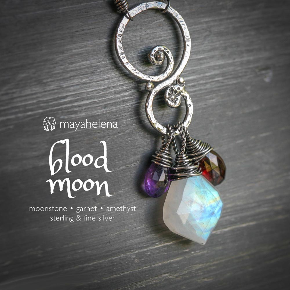Blood Moon Talisman - Moonstone Amethyst Garnet Sterling Silver Charm Necklace Pendant