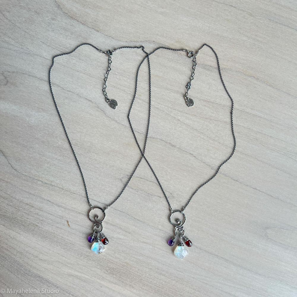 Blood Moon Talisman - Moonstone Amethyst Garnet Sterling Silver Charm Necklace Pendant
