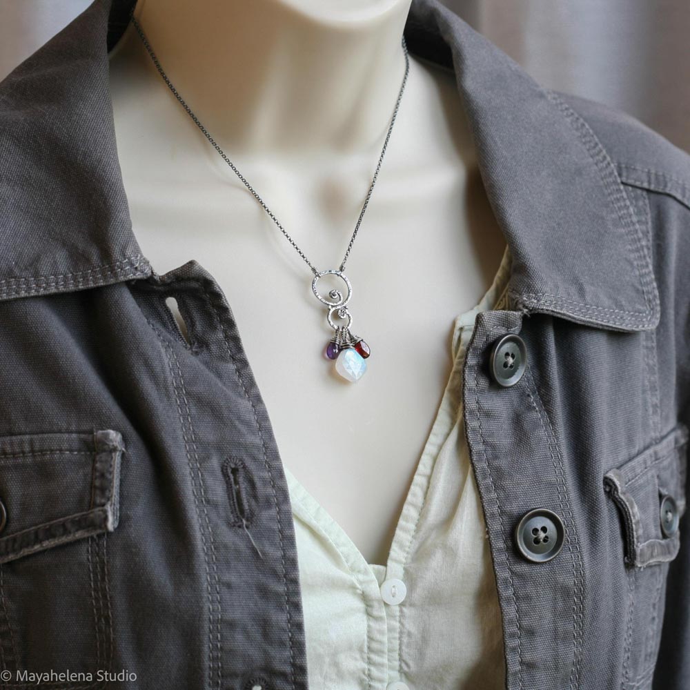Blood Moon Talisman - Moonstone Amethyst Garnet Sterling Silver Charm Necklace Pendant