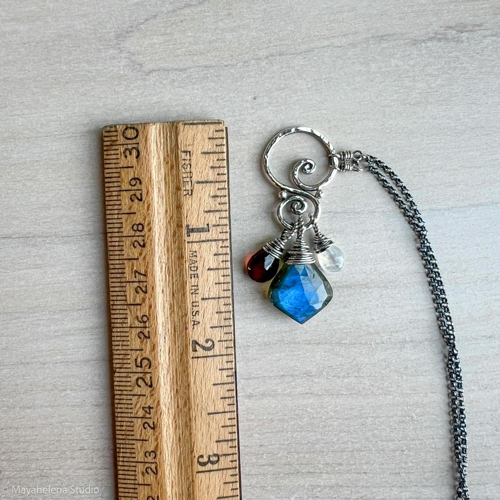 Blood Moon Talisman - Labradorite Garnet Moonstone Sterling Silver Charm Necklace Pendant