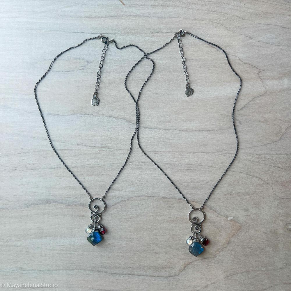 Blood Moon Talisman - Labradorite Garnet Moonstone Sterling Silver Charm Necklace Pendant