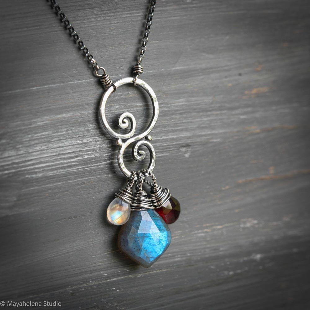 Blood Moon Talisman - Labradorite Garnet Moonstone Sterling Silver Charm Necklace Pendant
