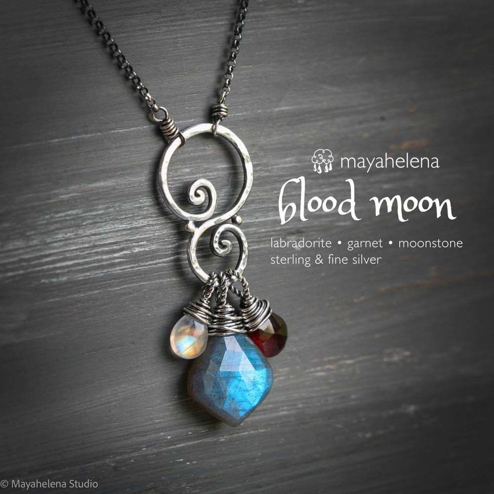 Blood Moon Talisman - Labradorite Garnet Moonstone Sterling Silver Charm Necklace Pendant
