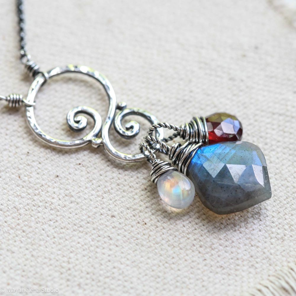 Blood Moon Talisman - Labradorite Garnet Moonstone Sterling Silver Charm Necklace Pendant
