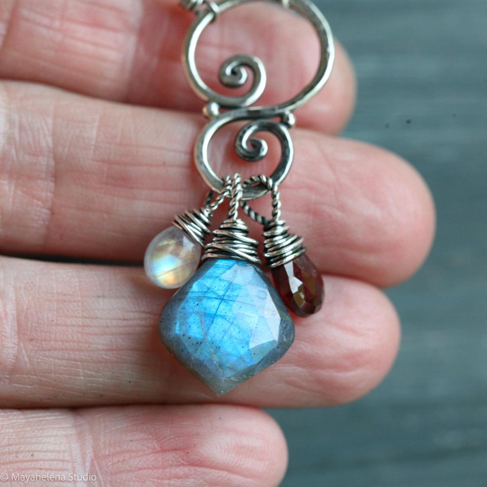 Blood Moon Talisman - Labradorite Garnet Moonstone Sterling Silver Charm Necklace Pendant