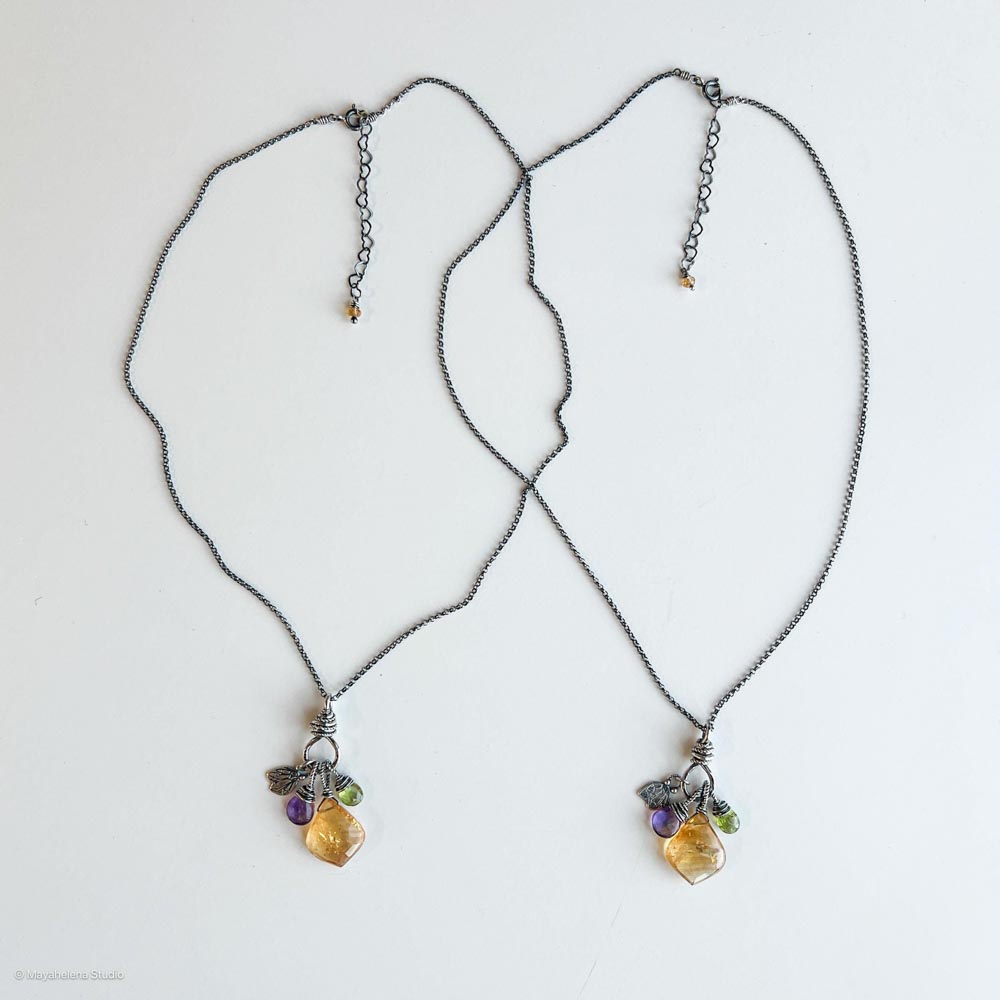 Prosperity - Citrine Amethyst Peridot Crystals Sterling Silver Charm Necklace Pendant