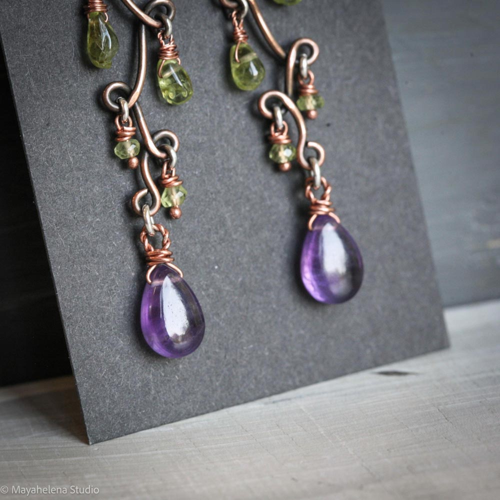 Fun with Copper - Amethyst and Peridot Copper Sterling Silver Earrings