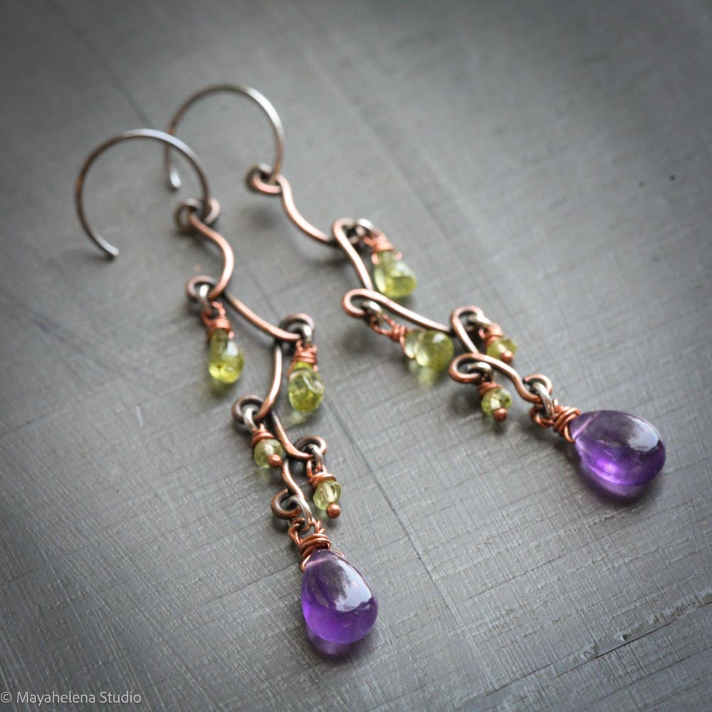 Fun with Copper - Amethyst and Peridot Copper Sterling Silver Earrings
