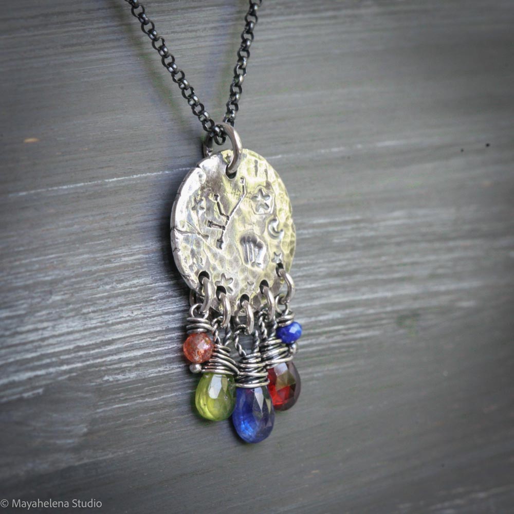 Written in Stars - Virgo - Zodiac Seal Sapphire Peridot Garnet Sterling Silver Necklace