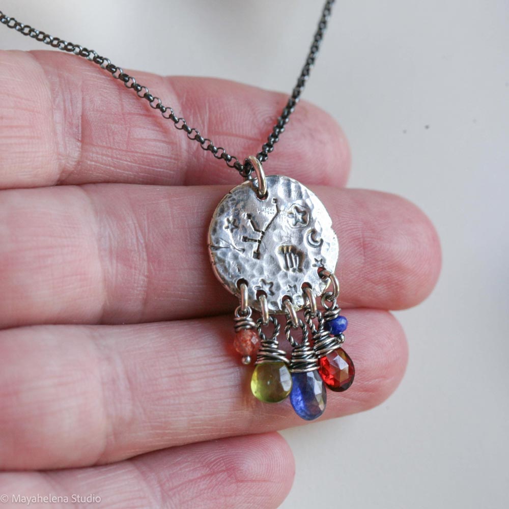 Written in Stars - Virgo - Zodiac Seal Sapphire Peridot Garnet Sterling Silver Necklace