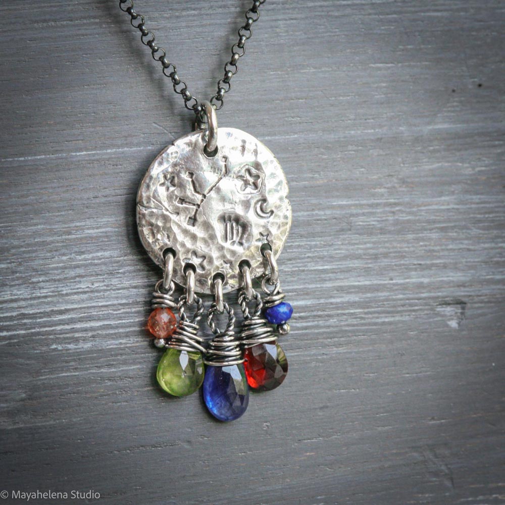 Written in Stars - Virgo - Zodiac Seal Sapphire Peridot Garnet Sterling Silver Necklace