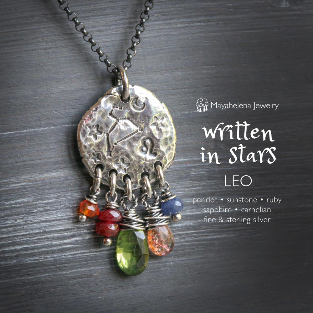 Written in Stars - Leo - Zodiac Seal  Peridot Garnet Sterling Silver Necklace