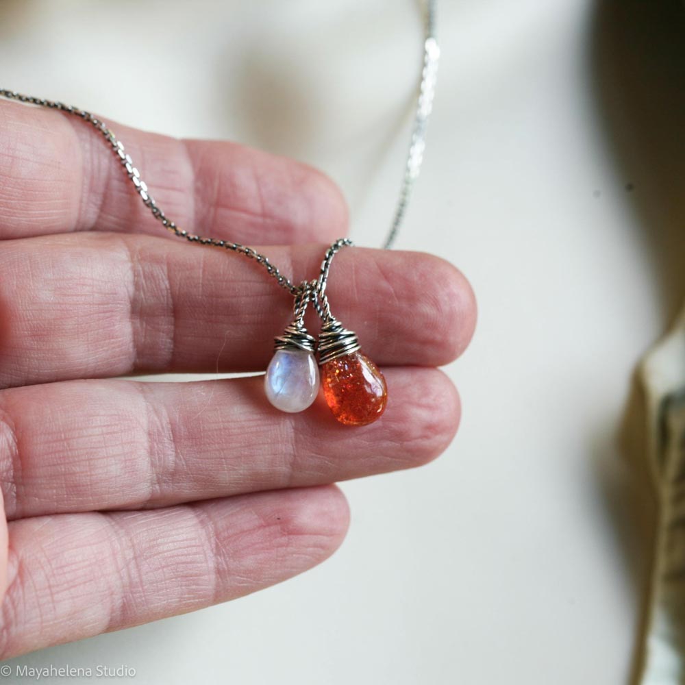 Solar Eclipse - Moonstone and Sunstone Wire Wrapped Sterling Silver Necklace