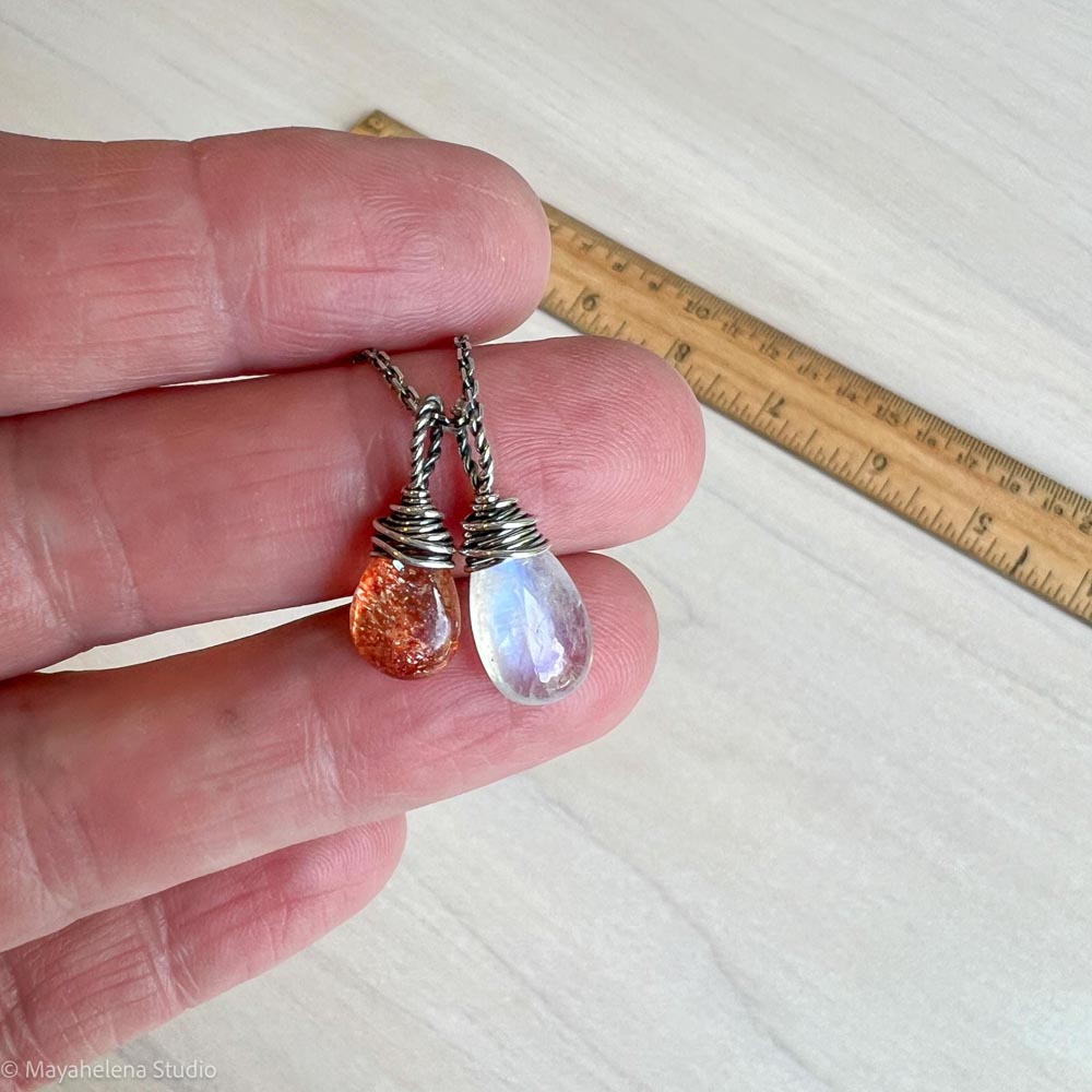 Lunar Eclipse - Moonstone and Sunstone Wire Wrapped Sterling Silver Necklace