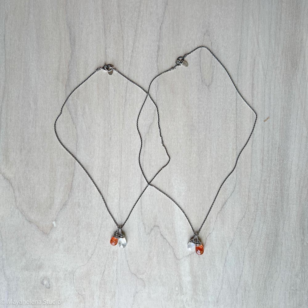 Lunar Eclipse - Moonstone and Sunstone Wire Wrapped Sterling Silver Necklace