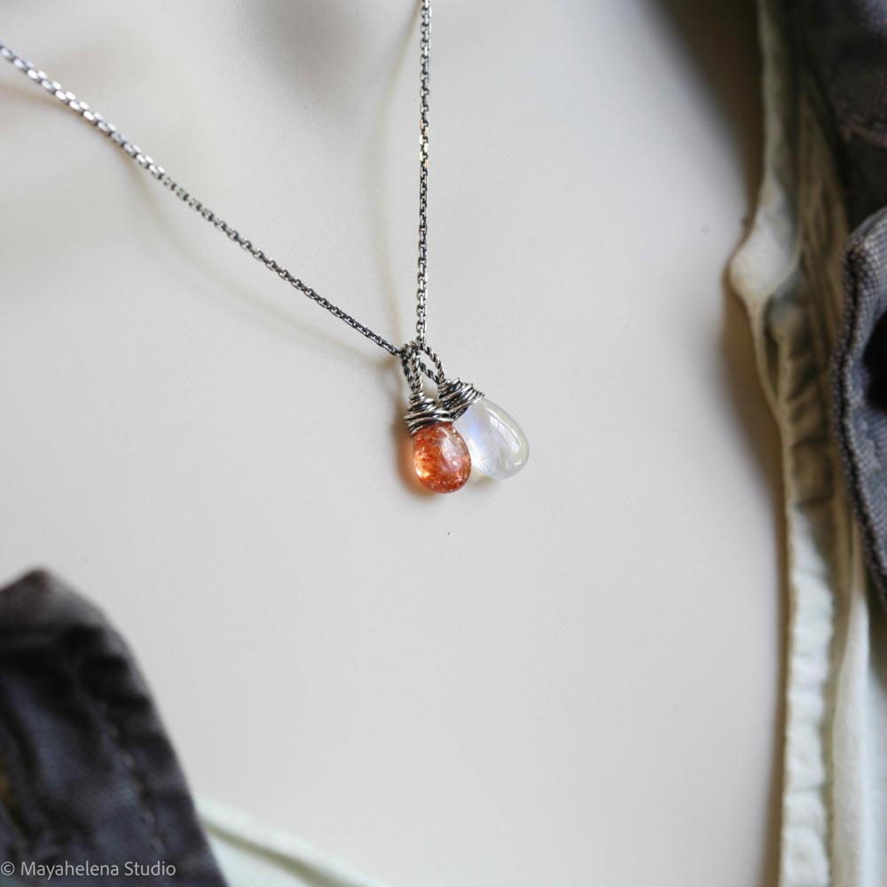 Lunar Eclipse - Moonstone and Sunstone Wire Wrapped Sterling Silver Necklace