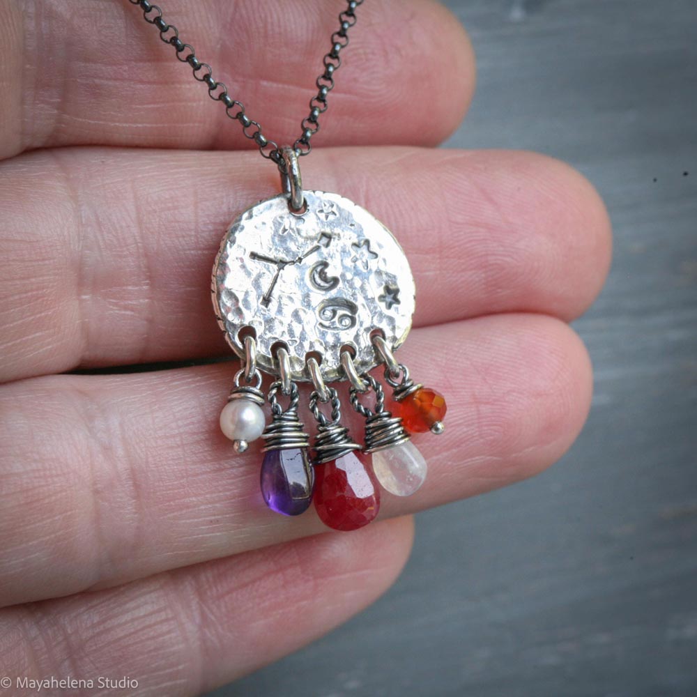 il_fullxfull.7158386598_cea5.jpg Written in Stars - Crab - Zodiac Seal Sapphire Peridot Garnet Sterling Silver Necklace