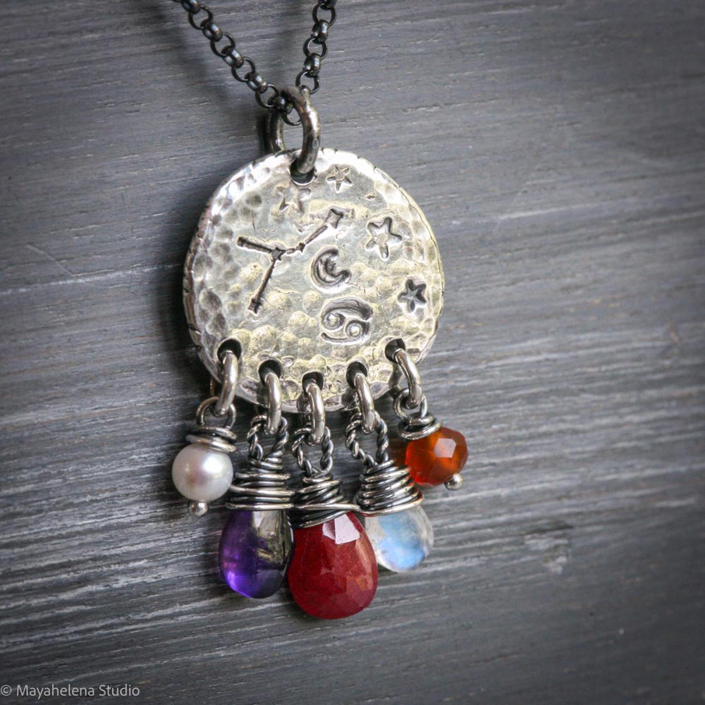 il_fullxfull.7158386614_qswo.jpg Written in Stars - Crab - Zodiac Seal Sapphire Peridot Garnet Sterling Silver Necklace