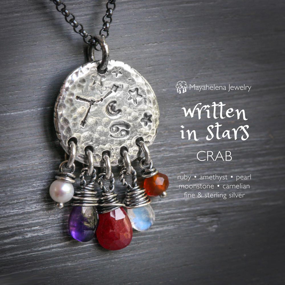 Written in Stars - Crab - Zodiac Seal Sapphire Peridot Garnet Sterling Silver Necklace