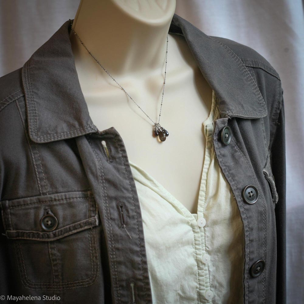 Heal Gemstone Trio - Smoky Quartz Hematite Garnet Sterling Silver Wire Wrapped Necklace