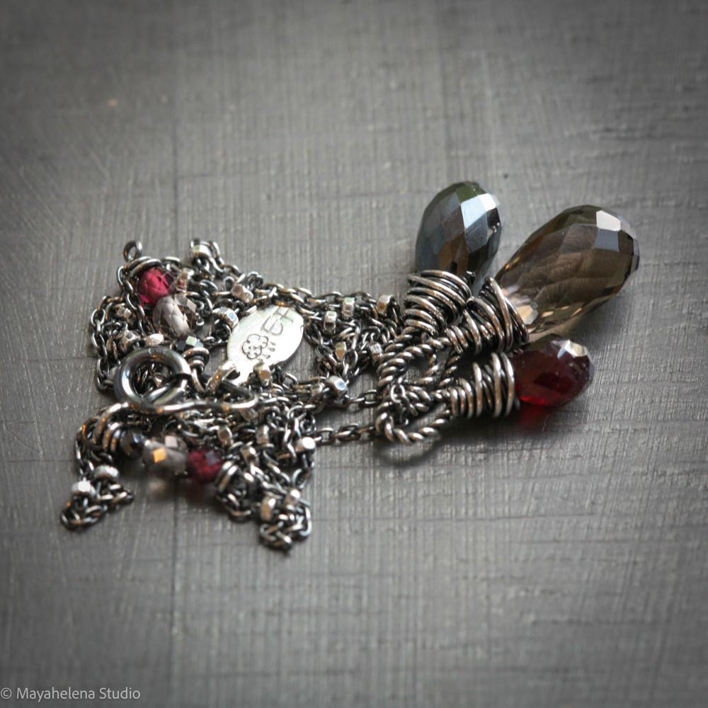 Heal Gemstone Trio - Smoky Quartz Hematite Garnet Sterling Silver Wire Wrapped Necklace