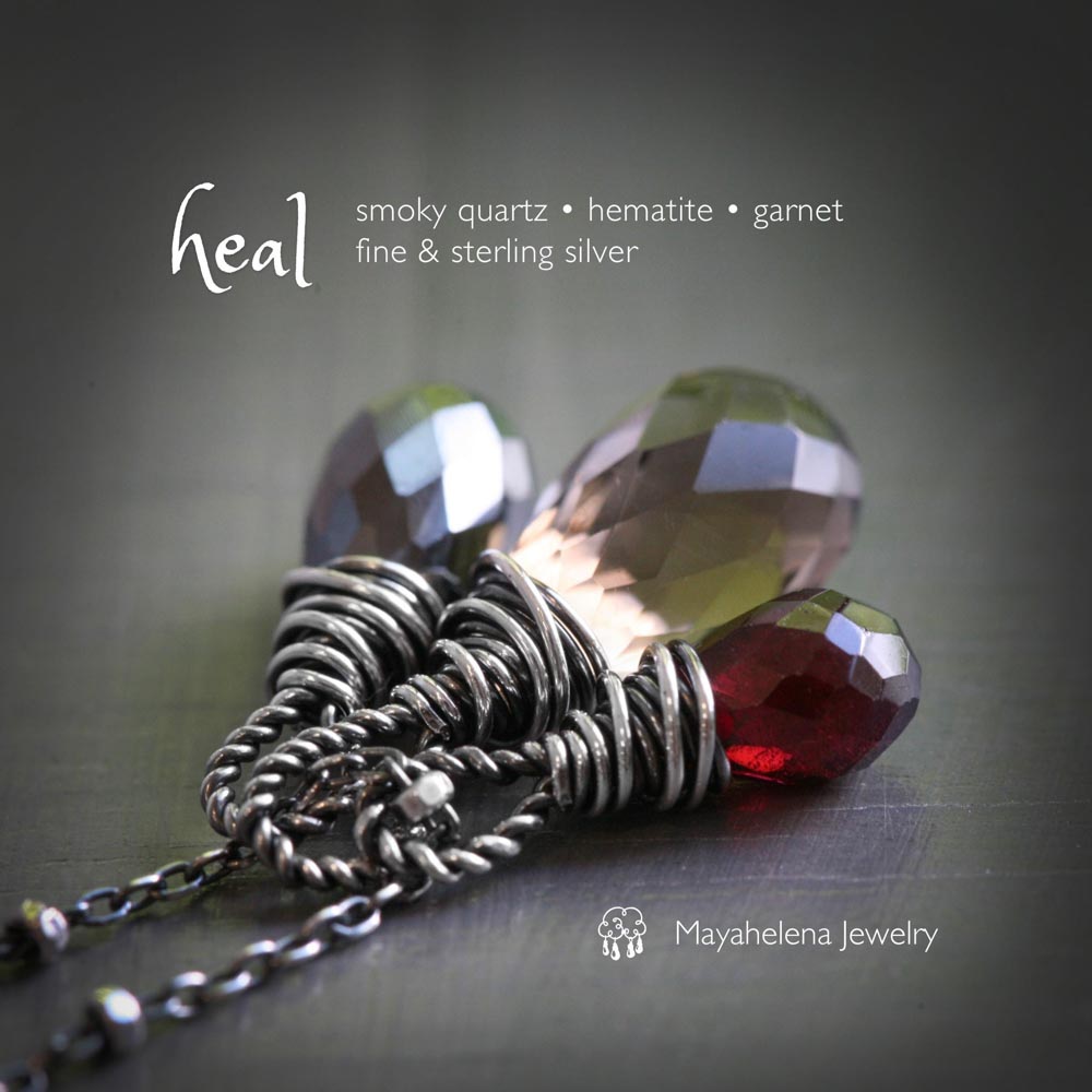 Heal Gemstone Trio - Smoky Quartz Hematite Garnet Sterling Silver Wire Wrapped Necklace