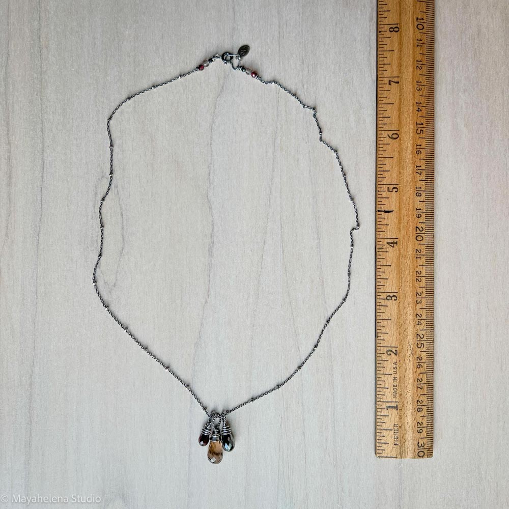 Heal Gemstone Trio - Smoky Quartz Hematite Garnet Sterling Silver Wire Wrapped Necklace