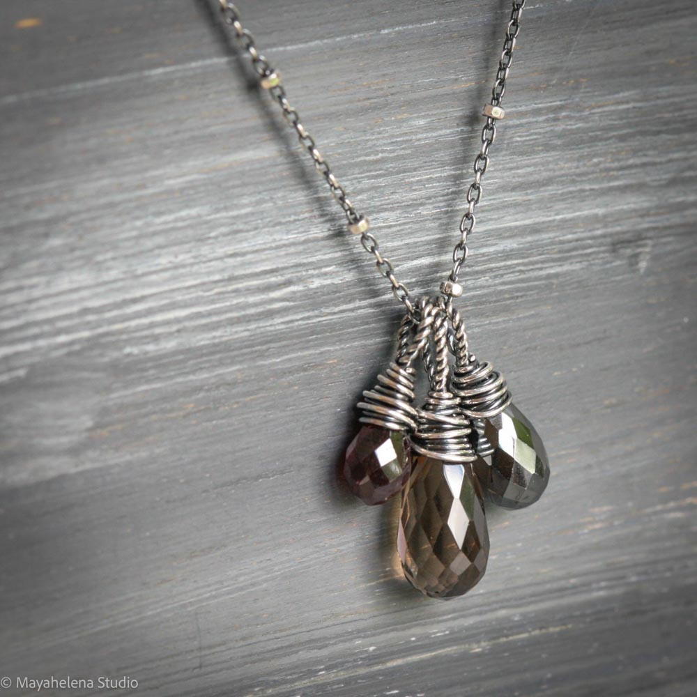 Heal Gemstone Trio - Smoky Quartz Hematite Garnet Sterling Silver Wire Wrapped Necklace