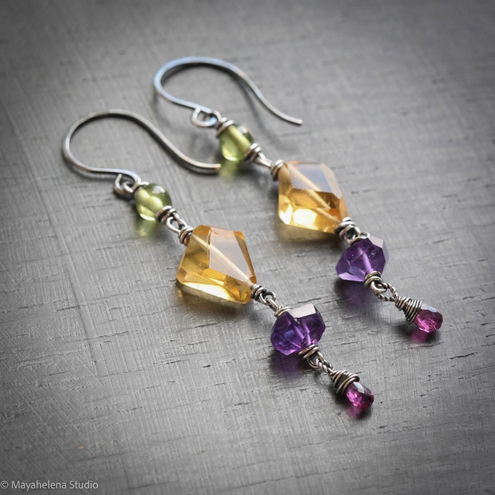 Crystal Medley - Peridot Citrine Amethyst Garnet Sterling Silver Earrings