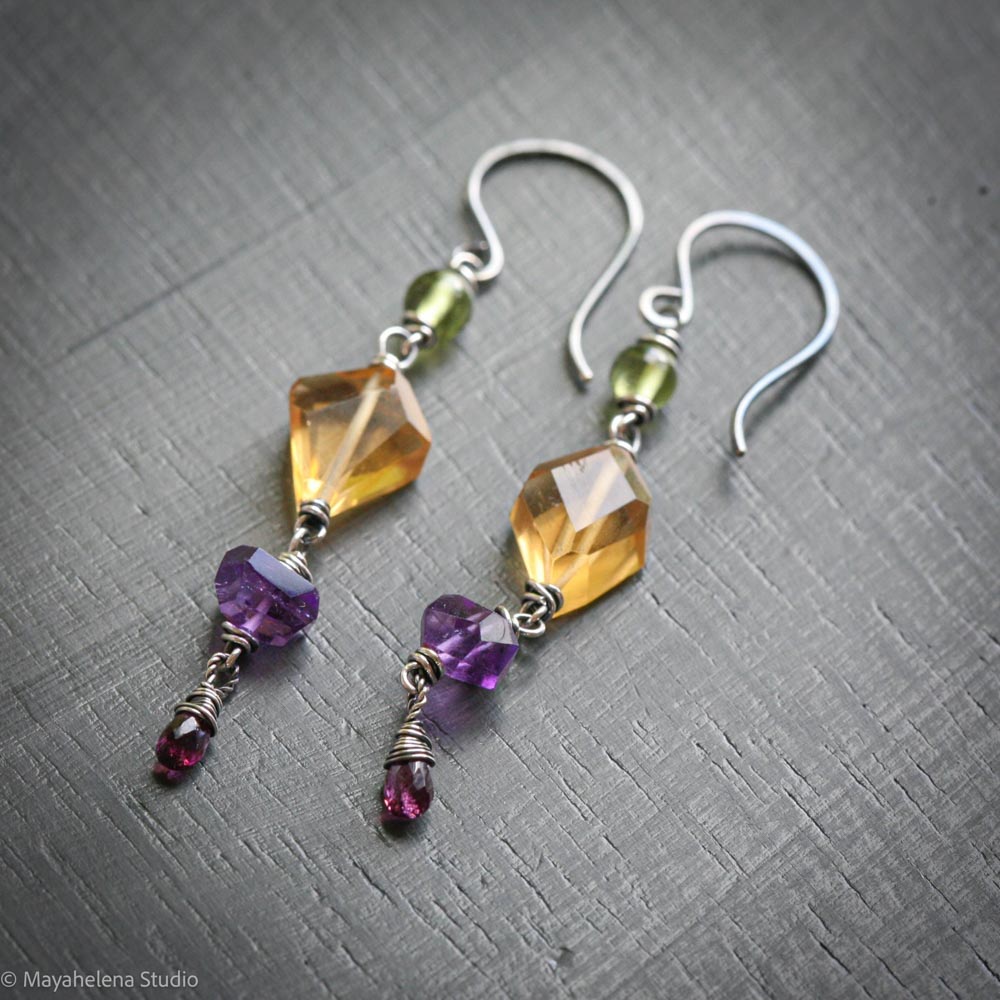 Crystal Medley - Peridot Citrine Amethyst Garnet Sterling Silver Earrings
