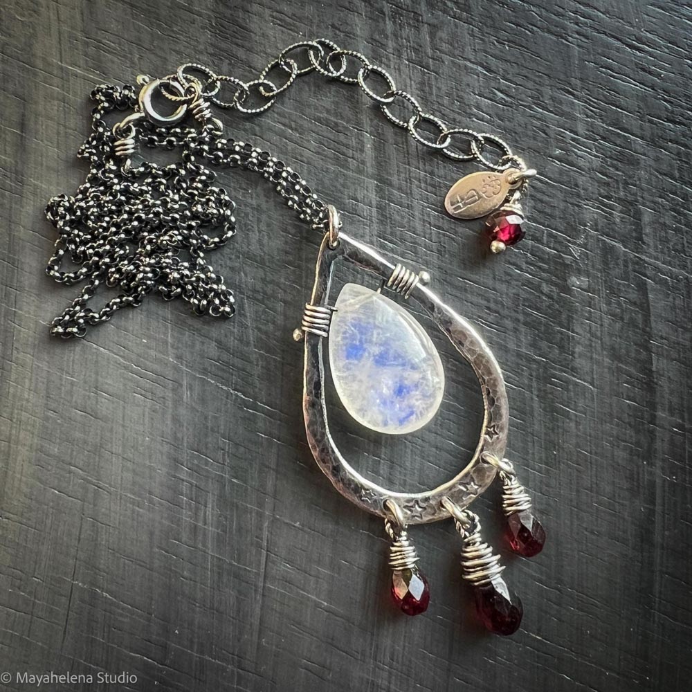 Blood Moon - Moonstone Garnet Wire Wrapped Sterling Necklace