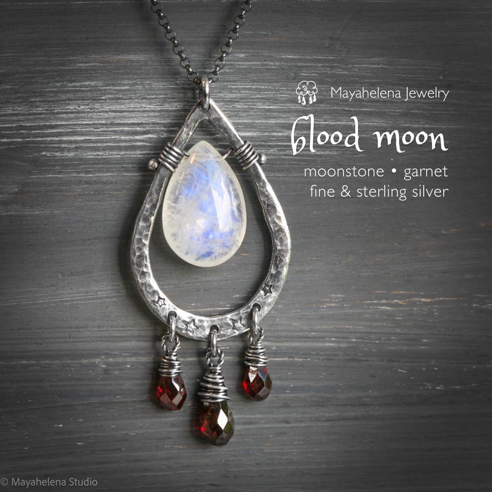 Blood Moon - Moonstone Garnet Wire Wrapped Sterling Necklace