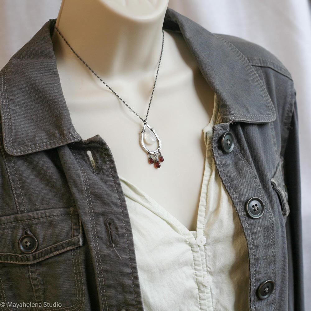 Blood Moon - Moonstone Garnet Wire Wrapped Sterling Necklace