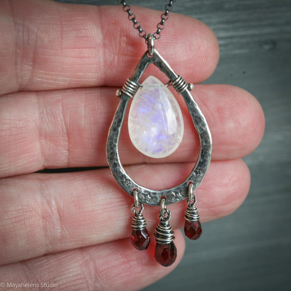 Blood Moon - Moonstone Garnet Wire Wrapped Sterling Necklace