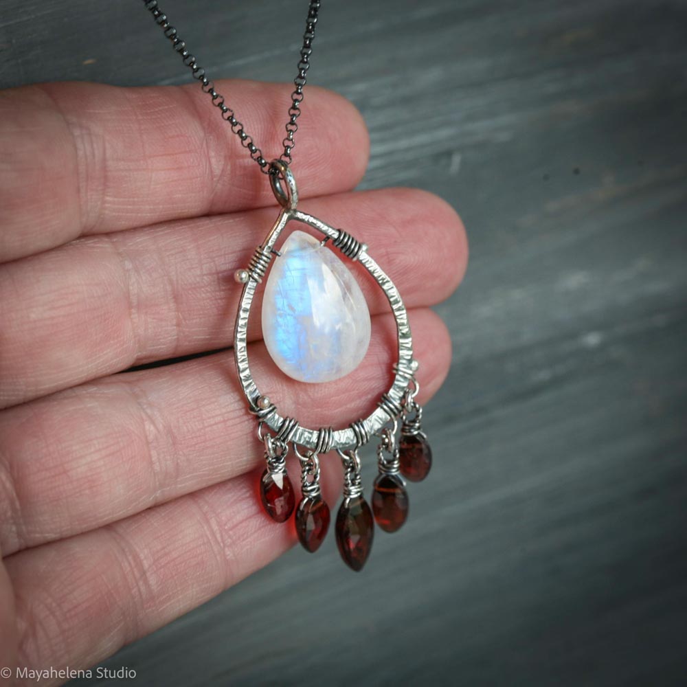 Blood Moon - Moonstone Garnet Wire Wrapped Sterling Necklace